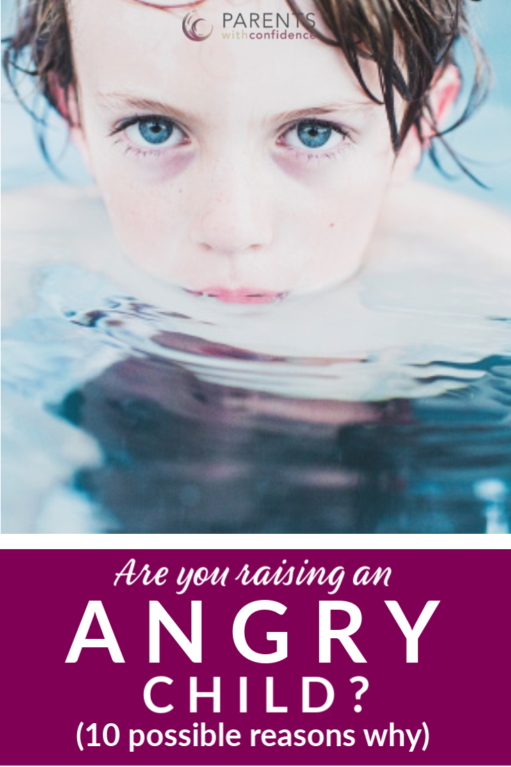 boy swimming in pool with angry look on his face - plus text that reads: Are you raising an angry child? (10 possible reasons why)