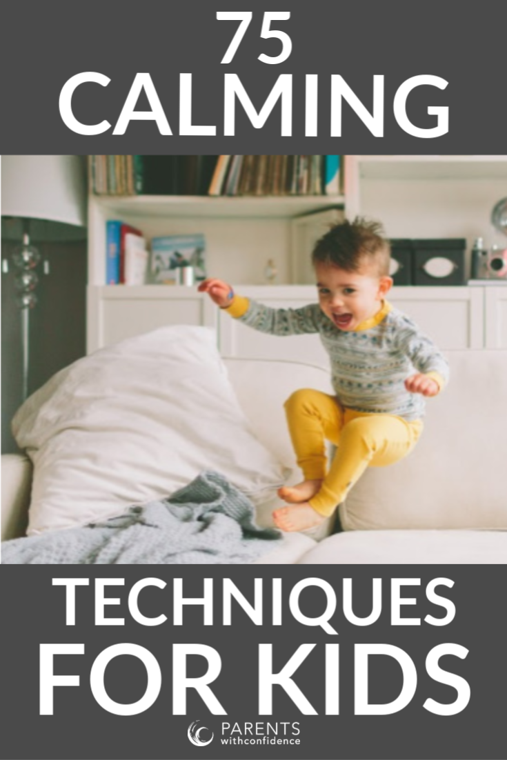 boy jumping on a couch with text that reads: 75 calming techniques for kids