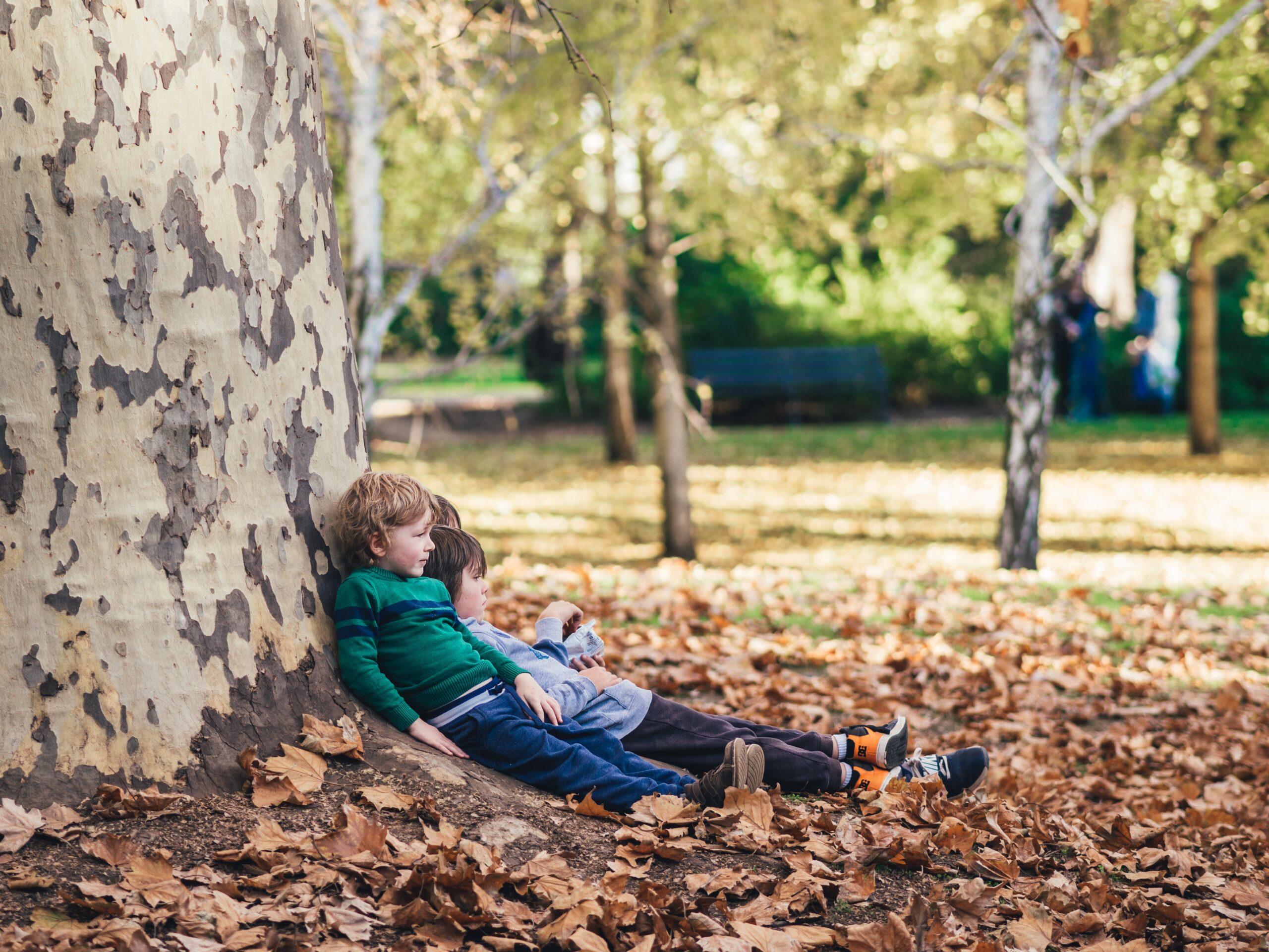 kids sitting against a big tree outdoors in fall as illustrating getting out in nature for a mental health reset day