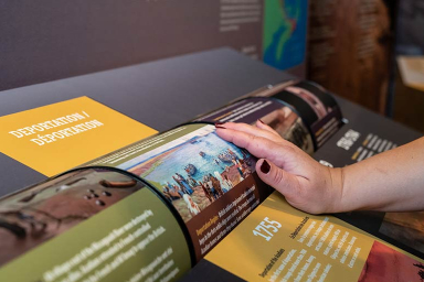 A visitor's hand interacts with an exhibit spinner that has text on it.