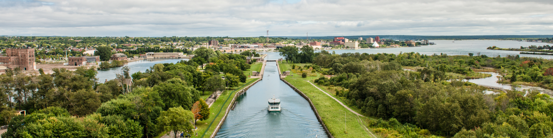  View of the Canal from the International Bridge + Soo Lock Tours boat & Emergency Swing Dam, Sault