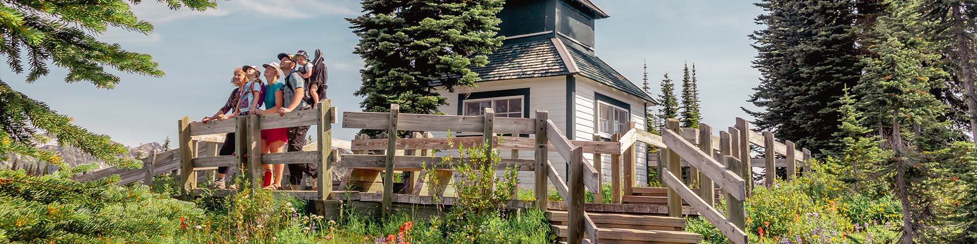 Group lookout out at the old fire tower lookout on Mount Revelstoke