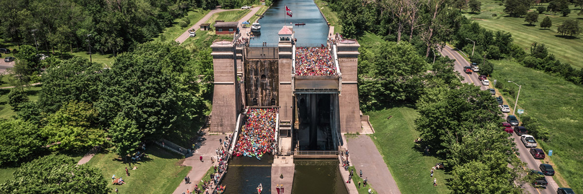 Numerous kayaks at the Peterborough Lift Lock on the Trent–Severn Waterway.