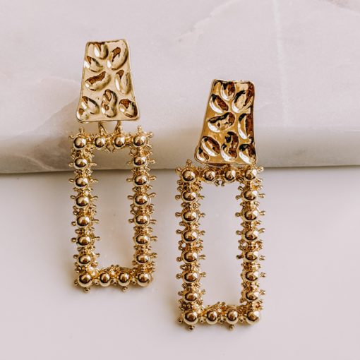 Gold Rectangle Pearl Drop Earrings