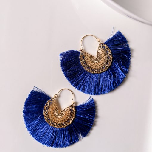 Blue Fan-shaped Tassel Earrings