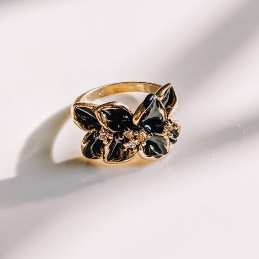 Gold & Black Flower Crystal Ring - Size 9