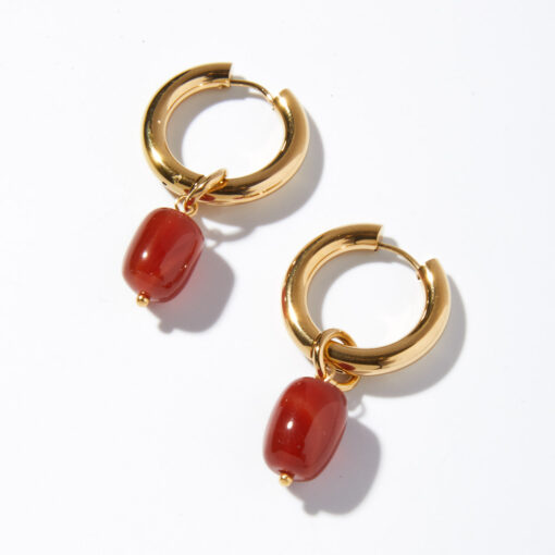 Gold Red Drop Hoop Earrings (Gold Plated, Tarnish-Free)