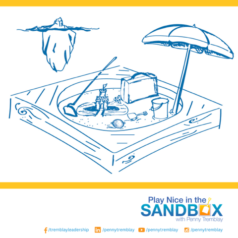 image of a cartoon drawing of a sandbox with a rake, suitcase, bucket, shovel and umbrella representing your career advancement