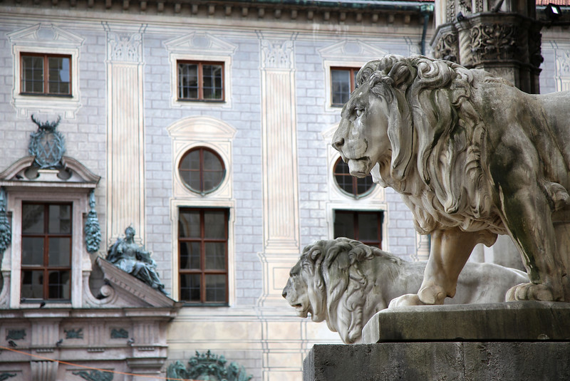 Stone lion sculpture at the Odeonsplatz - Feldherrnhalle in Munich Germany
