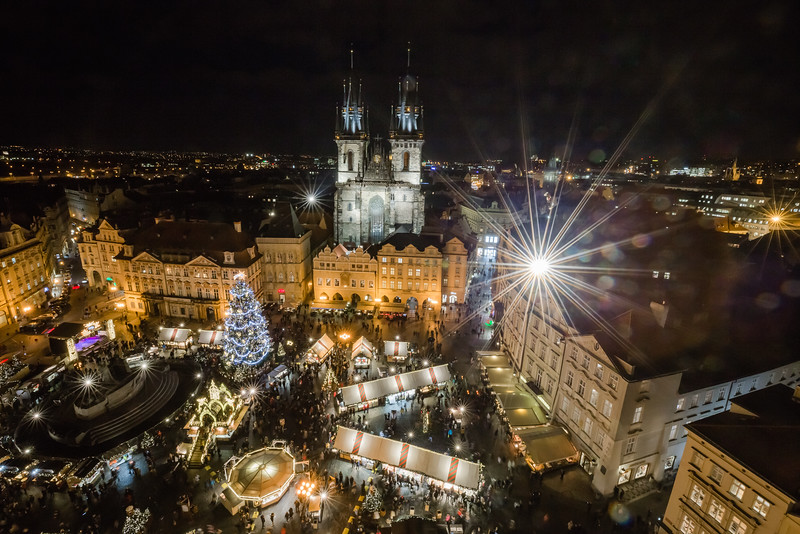 The view of Prague's Old Town Square Christmas Market from the Clock Tower in Prague. 