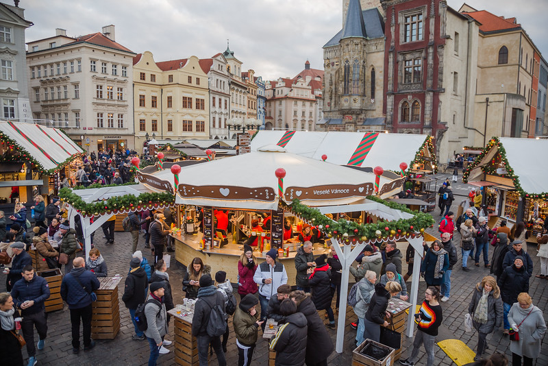 Old Town Square Christmas Market in Prague in the daytime. 