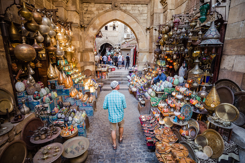 David Stock Jr of Divergent Travelers Adventure Travel Blog at Khan el-Khalili Bazaar in Egypt