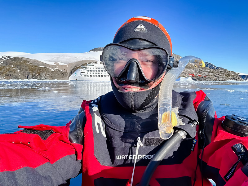 David Stock preparing to snorkel in Antarctica