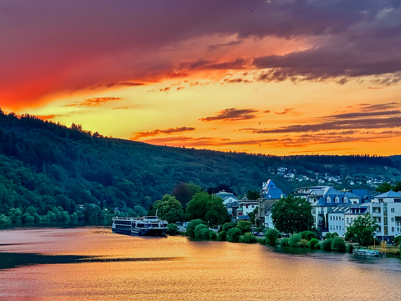 Sunset over the Moselle River in Traben-Trarbach, Germany