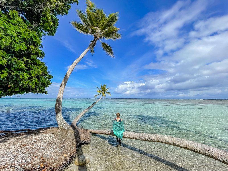 Lina Stock of Divergent Travelers Adventure Travel Blog sitting on a palm tree in the Society Islands - Tahiti