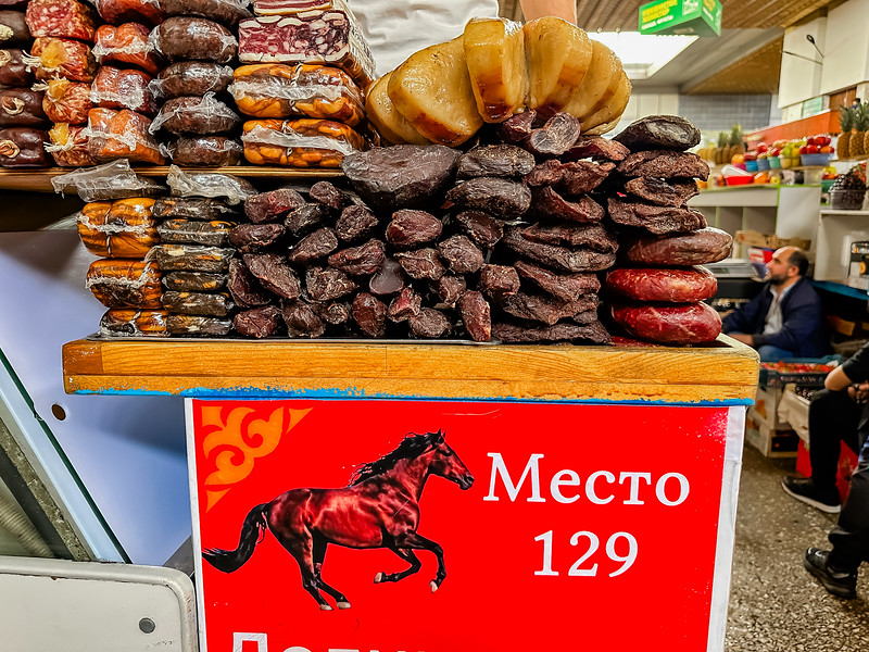 Horse meat stall at the Green Market in Almaty, Kazakhstan