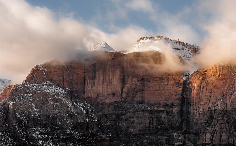 Snow covered mountains in Zion National Park.