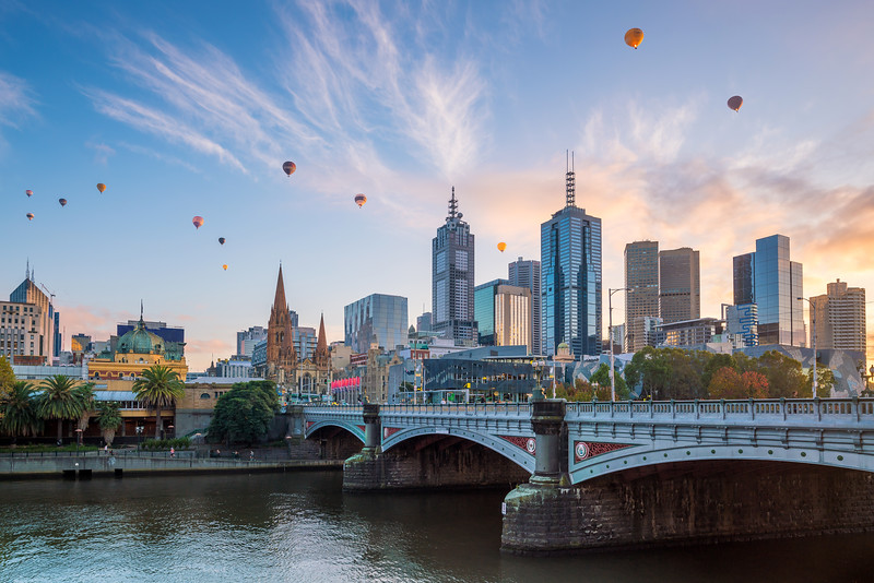 Melbourne city skyline at twilight in Australia.