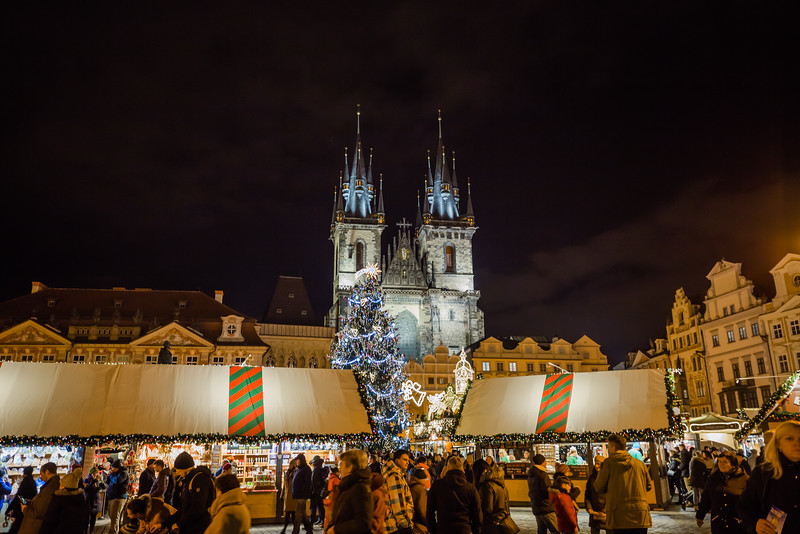 Market view of the Old Town Square Christmas Market in Prague.
