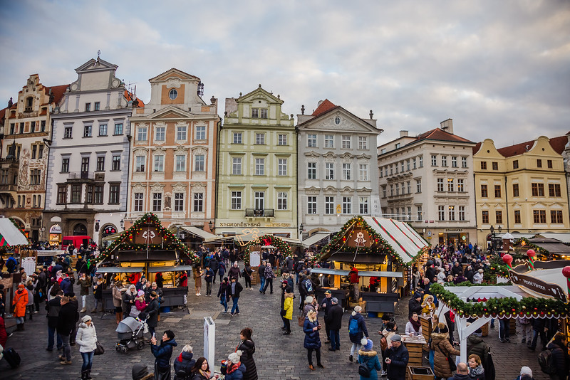 Old Town Square Christmas Market in Prague in the daytime. 
