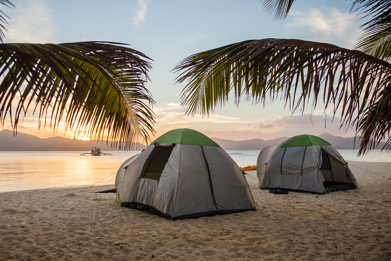 Tent camping on a beach in the Philippines