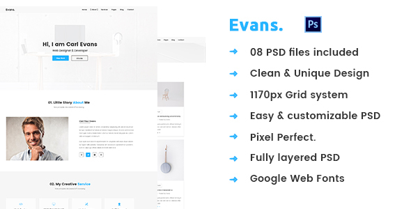 Download Evans – Minimal Personal Portfolio PSD Template Nulled 