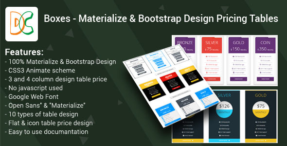 Download Boxes – Materialize & Bootstrap Design Pricing Tables Nulled 