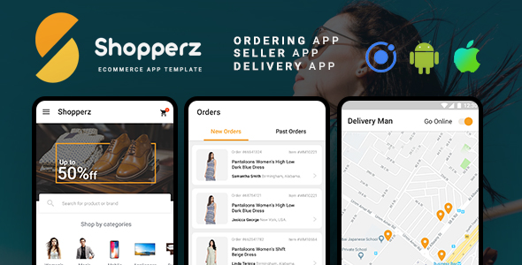 Download eCommerce Android App Template + eCommerce Delivery iOS App Template|3 Apps| IONIC 3| Shopperz Nulled 