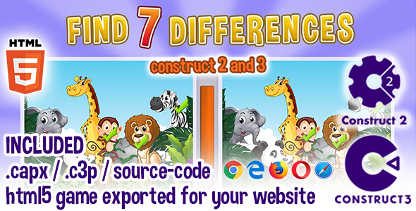 Download Find Seven Differences – Animals – HTML5 Construct 2 & 3 Game with Source Code Nulled 