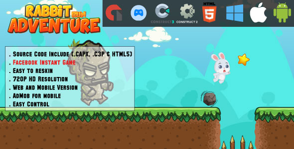 Download Rabbit Run Adventure – HTML5 Game – Mobile, Facebook Instant Game & Web (HTML5, CAPX & C3P) Nulled 