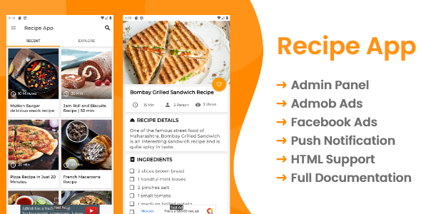 Download Recipe App with Admin panel and Facebook , admob Ads Nulled 