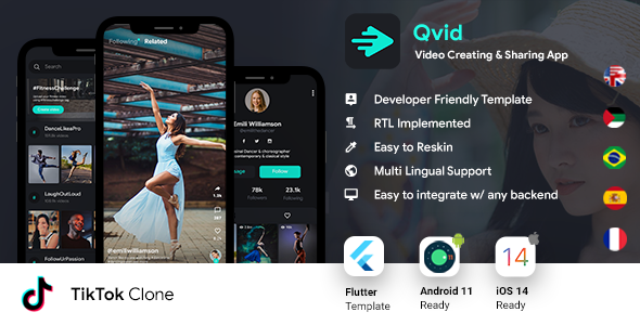 Nulled TikTok App| Video Creating Android App+ Short Video iOS App| Flutter Template| Qvid free download