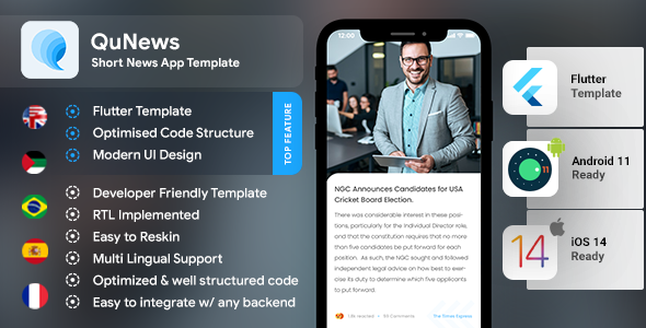 Download Short News Android App Template + iOS App Template | FLUTTER 2 | QuNews Nulled 