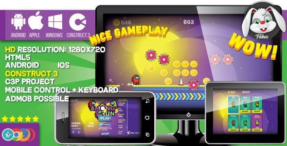 [Download] Among Run – HTML5 game, Construct 3 (.c3p) + mobile, sharings, shop, AdMob possible 