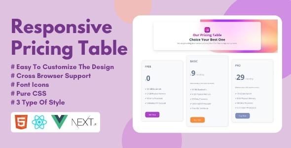 [Download] Responsive Pricing Table Design – HTML, React, Vue, NEXT 
