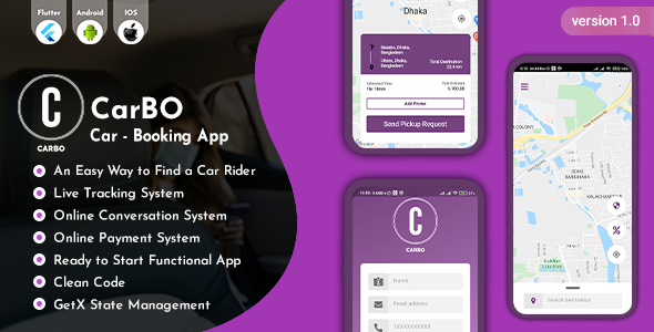 [Download] CarBo – Online Car Booking Flutter App UI Kit 