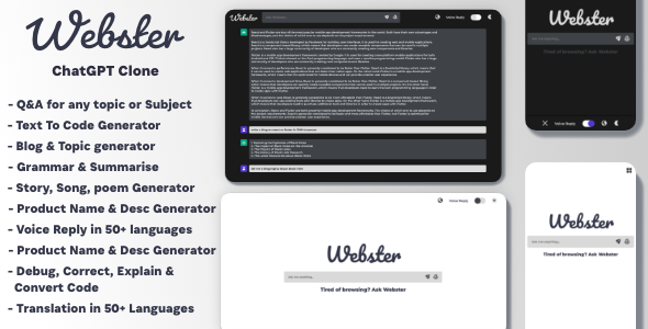 [Download] Webster – ChatGPT Clone Text to Code Q&A Blog Generator Grammar Summarise Translate SEO Page Builder 