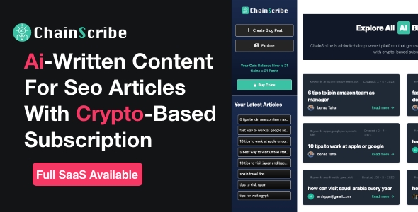 [Download] ChainScribe – Full SAAS Open AI SEO Articles with crypto-based subscription Full Theme 