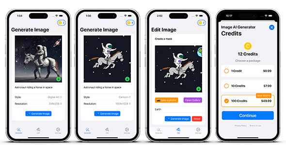 [Download] AI Art Generator OpenAI Dall-E – Consumable In-App Purchase Credits – SwiftUI iOS Full Application 