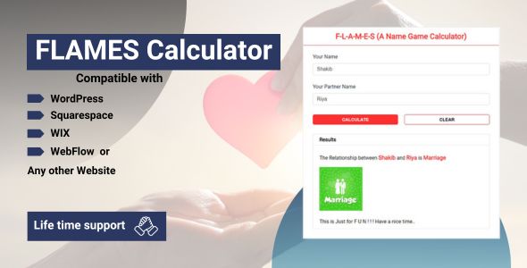 [Download] FLAMES Calculator- (Name Gamer Calculator) for WordPress, Wix, Squarespace & Webflow Website. 