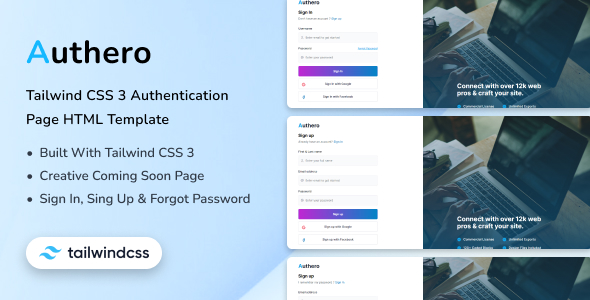 Nulled Authero – Tailwind CSS 3 Authentication Page HTML Template free download