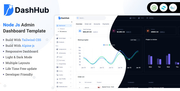 Nulled DashHub – NodeJs & Tailwind CSS Admin & Dashboard Template free download