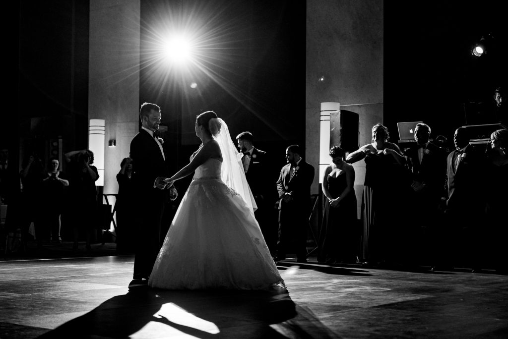 black and white photo of bride and groom first dance at the Loews Hotel in Philadelphia