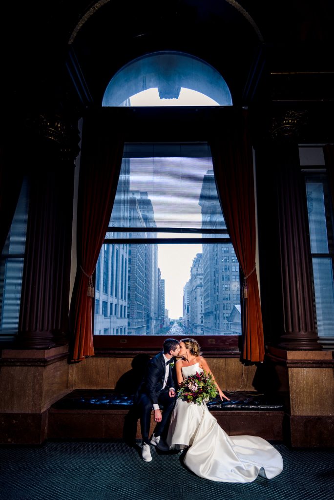 long shot of the bride and groom kissing on their center city philadelphia weddingPhiladelphia
