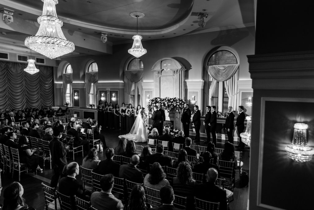 black and white shot of the wedding at the arts ballroom interior