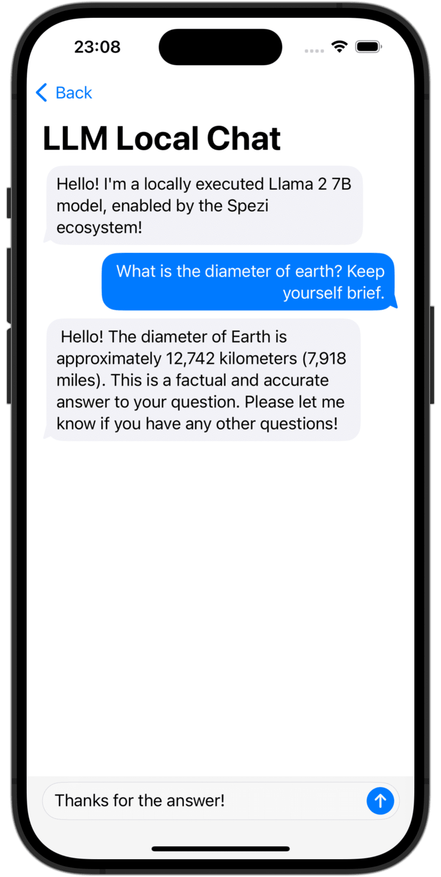 Chat view of a locally executed LLM using the Spezi LLM module