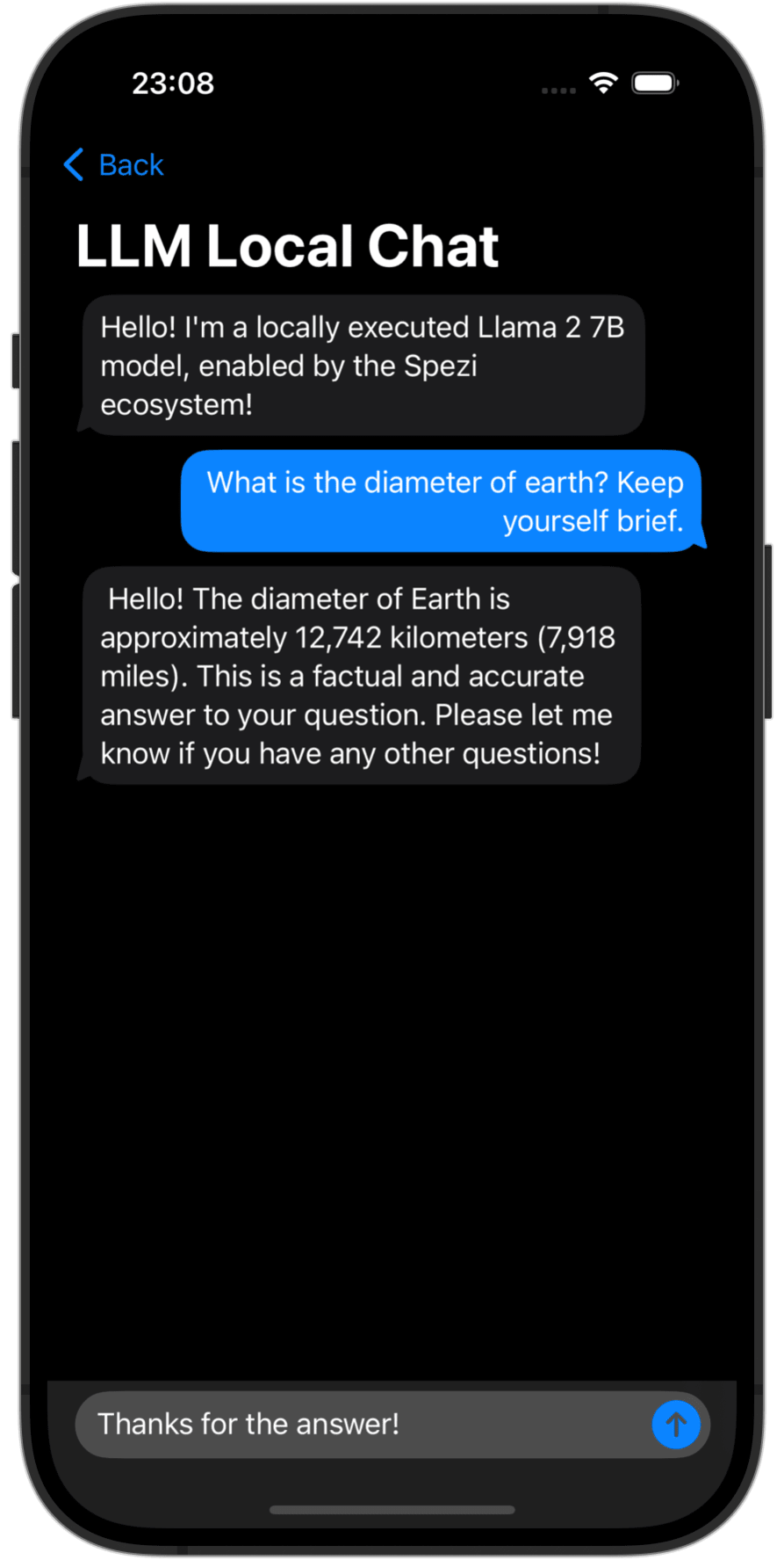 Chat view of a locally executed LLM using the Spezi LLM module