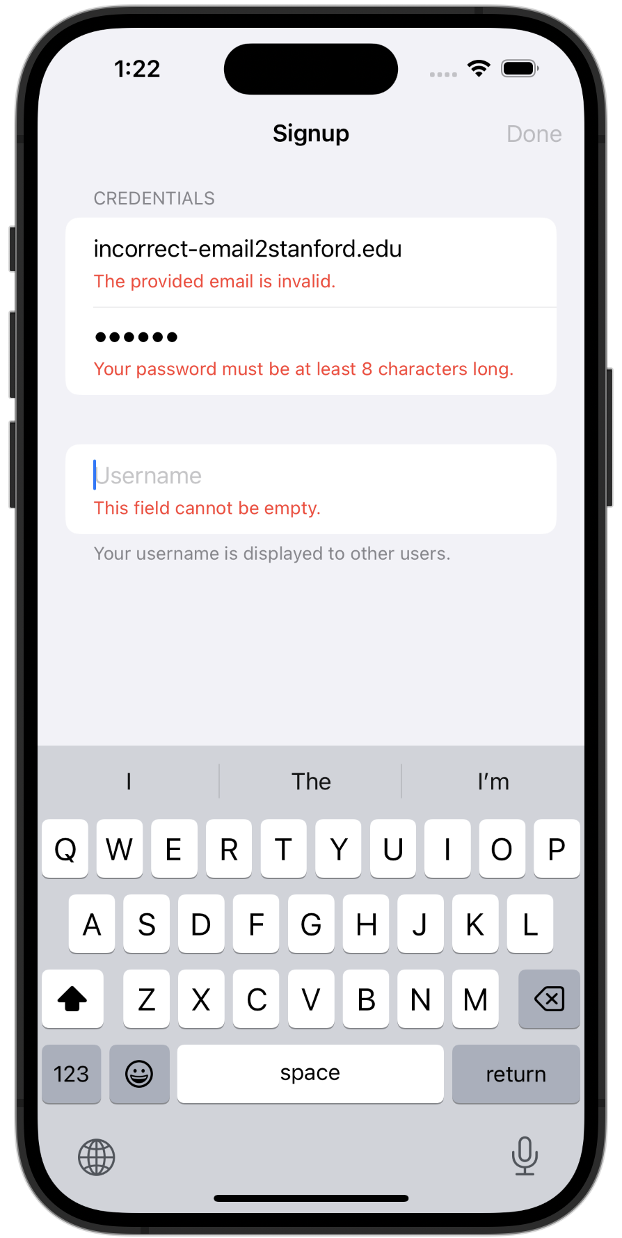 Three different text fields showing validation errors with Spezi Validation