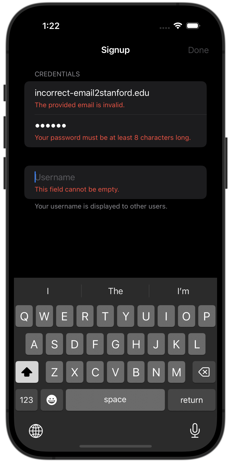 Three different text fields showing validation errors with Spezi Validation