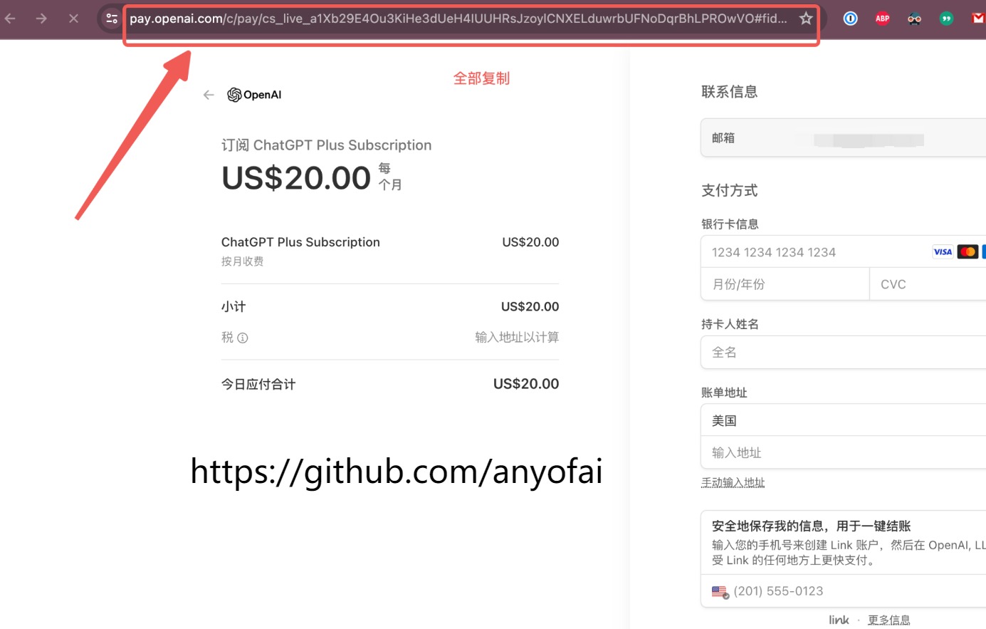 国内使用WildCard野卡虚拟信用卡自动充值购买ChatGPT Plus第二步：复制ChatGPT Plus订阅费用支付页面的完整网址